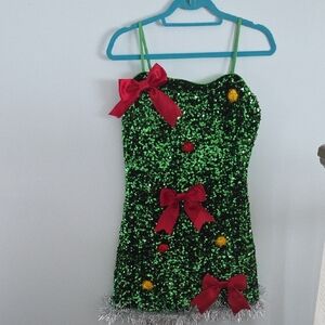 Festive Green Sequin Womens Dress with Red Bows
